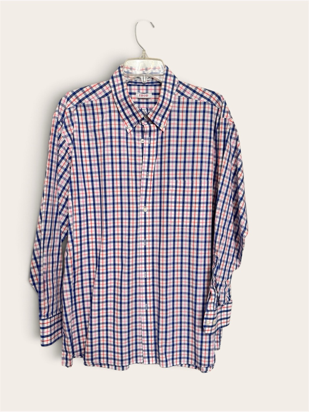 Izod Men’s Navy Blue & Pink Plaid Button-Down Shirt